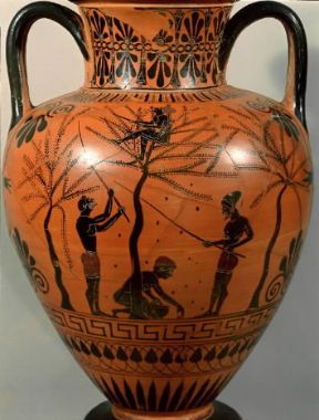 Bacchiatura delle olive raffigurata su un'anfora greca del sec. VI a. C. (Londra, British Museum).Londra, British Museum