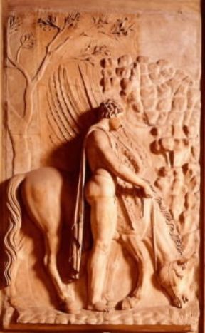 Bellerofonte abbevera Pegaso in un rilievo romano conservato in palazzo Spada a Roma.De Agostini Picture Library/G. Nimatallah