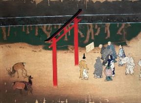 Giappone. Un particolare della leggenda della caccia della divinitÃ  Kasuga del periodo Kamakura dipinto su un paravento di seta.De Agostini Picture Library/G. Dagli Orti