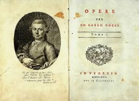 Carlo Gozzi. Antiporta (con il ritratto dell'autore) e frontespizio di una raccolta delle sue opere pubblicata nel 1772.Milano, Biblioteca Ambrosiana