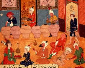 Hafiz. Miniatura delle liriche con scena di banchetto (sec. XVI).El Escorial, Biblioteca Reale