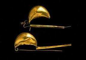Volterra. Fibule a sanguisuga in oro proveniente dalla tomba di Gesseri (Volterra, Museo Etrusco Guarnacci).De Agostini Picture Library/G. Nimatallah