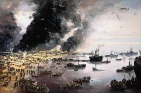 Bombardamento . La ritirata di Dunkerque, avvenuta nel maggio del 1940, in un dipinto di C. Cundall.De Agostini Picture Library/G. Nimatallah