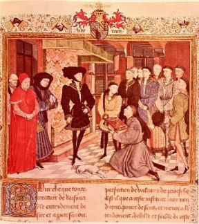 Belgio . Presentazione di un codice a Filippo, duca di Borgogna, detto il Buono, dalle Storie di Hainaut di Giacomo di Guisa.Bruxelles, M. Reali