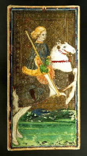 Carta. Tarocco del cavallo di bastoni (sec. XV; Bergamo, Accademia Carrara).De Agostini Picture Library/A. Dagli Orti