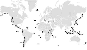Figura 14.2 Distribuzione dei vulcani nel mondo.