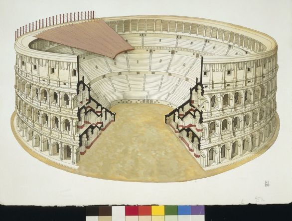 Disegno spaccato del Colosseo Civiltà romana, I secolo d.C. Ricostruzione del Colosseo o Anfiteatro Flavio di Roma. Disegno, spaccato.
