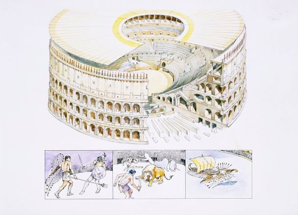 Colosseo, ricostruzione della struttura Antica Roma - Ricostruzione della struttura dell'Anfiteatro Flavio (Colosseo) e dei giochi che ospitava: a) combattimenti tra gladiatori (munera); b) lotte con animali (venationes); c) rievocazioni di battaglie navali (Naumachiae). Disegno 