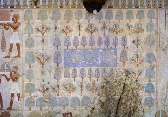 Particolare, affreschi della tomba di Amenemhab Luxor, Sheikh Abd El-Qurna. Particolare degli affreschi della tomba di Amenemhab detto Mahu, comandante dei soldati.
© De Agostini Picture Library.