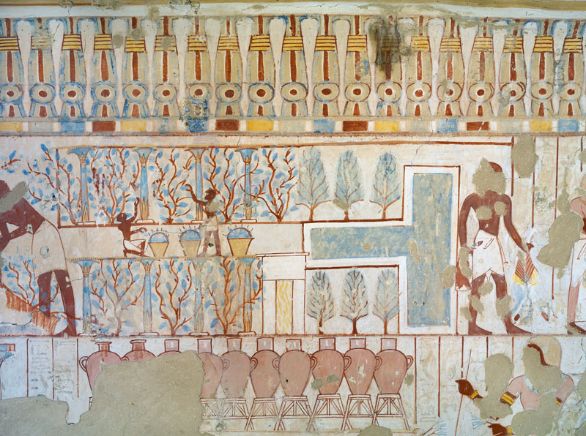 Particolare, affreschi della tomba di Nebamun Luxor, Sheikh Abd El-Qurna. Particolare degli affreschi della tomba di Nebamun, capitano delle truppe della polizia di Tebe.
© De Agostini Picture Library.