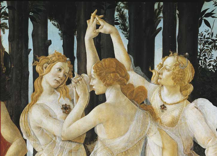 La Primavera, particolare della tre Grazie, Botticelli La Primavera, particolare della tre Grazie, 1482 ca., tempera su tavola di di Sandro Botticelli (1445-1510).
© De Agostini Picture Library.