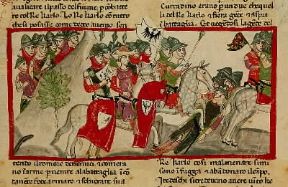 Campania. Miniatura del sec. XIV con la rappresentazione della battaglia di Tagliacozzo (Roma, Biblioteca Vaticana).