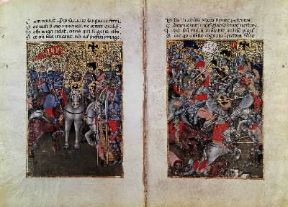 Farsaglia. Pagine miniate di un manoscritto dell'opera di Lucano (sec. XIV; Milano, Biblioteca Trivulziana).Milano, Biblioteca Trivulziana