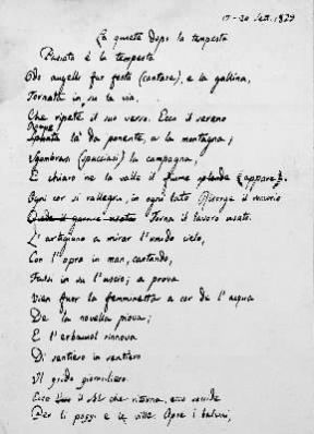 Canti. Pagina manoscritta de La quiete dopo la tempesta (1829).De Agostini Picture Library