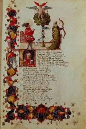 Codice. Una pagina miniata di un codice, sec. XV, del Quadriregio di Federico Frezzi (Bologna, Biblioteca Universitaria).De Agostini Picture Library