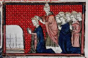 Carlo Magno incoronato da Leone III in una miniatura tratta da un'edizione trecentesca delle Grandes Chroniques de France (sec. XIV; Bruxelles, Biblioteca Reale).Bruxelles, Biblioteca Reale