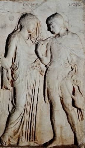 Euridice raffigurata con Orfeo in un rilievo del sec. IV a. C. (particolare; Napoli, Museo Archeologico Nazionale).De Agostini Picture Library/De Agostini Picture Library