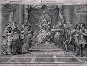 Clemente XIV scioglie la Compagnia di GesÃ¹ (particolare di un'incisione di Adrien Paris del 1773).De Agostini Picture Library