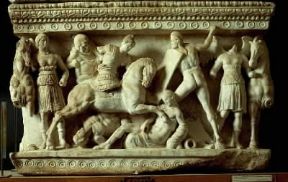 Volterra. Urna funeraria in alabastro (Volterra, Museo Etrusco Guarnacci).De Agostini Picture Library/G. Nimatallah