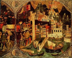 Italia . L'entrata di Carlo di Durazzo a Napoli in un affresco del sec. XIV (New York, Metropolitan Museum).De Agostini Picture Library