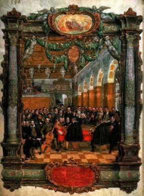 Orchestra . Orlando di Lasso dirige l'orchestra della Corte di Baviera in un dipinto dell'epoca (Monaco, Bayerische Staatsbibliothek).De Agostini Picture Library