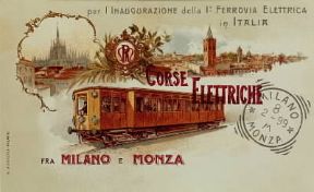 Tram. Una cartolina postale per l'inaugurazione della prima ferrovia elettrica italiana fra Milano e Monza (1899).De Agostini Picture Library