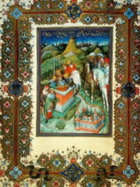 Belbello da Pavia. Giuseppe venduto dai fratelli, miniatura tratta dalla seconda parte dell'Offiziolo di Gian Galeazzo Visconti (Firenze, Biblioteca Nazionale Centrale).Fx0d
