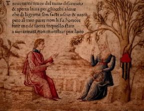Francesco Petrarca. Petrarca e Laura,miniatura tratta da una pagina del Canzoniere (sec. XV; Venezia, Biblioteca Marciana).De Agostini Picture Library/A. Dagli Orti
