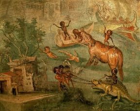 Paesaggio . Paesaggio raffigurato in un affresco pompeiano (Napoli, Museo Archeologico Nazionale).De Agostini Picture Library/A. Dagli Orti