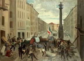 Risorgimento. Le barricate a San Babila durante le Cinque Giornate di Milano, 1848 (Milano, Civica Raccolta Stampe A. Bertarelli).De Agostini Picture Library