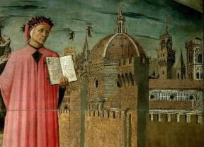 Dante Alighieri . Dante e il suo poema, affresco di Domenico di Michelino (Firenze, Duomo).De Agostini Picture Library/G. Nimatallah
