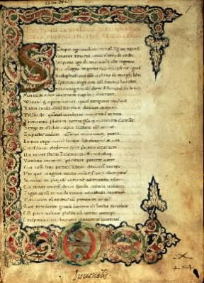 Giovenale . Pagina iniziale delle Satire in una trascrizione medievale (Milano, Biblioteca Ambrosiana).Milano, Biblioteca Ambrosiana