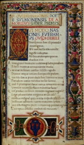 Publio Ovidio Nasone . Pagina miniata di un codice trecentesco del De Amoribus (Milano, Biblioteca Ambrosiana).De Agostini Picture Library