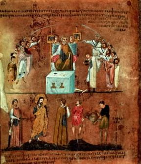 Calabria. Miniatura del Codex purpureus con la scelta degli Ebrei tra Cristo e Barabba (Rossano, Museo Diocesano).De Agostini Picture Library