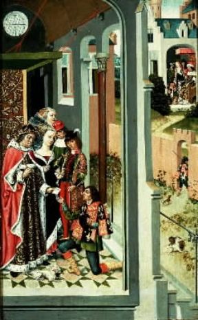 Fiammingo. Il re d'Inghilterra invia un araldo a chiedere la mano di S. Orsola, particolare del paliotto con la Leggenda di S. Orsola, opera del Maestro della Leggenda di Sant'Orsola (sec. XVI; Bruges, Stedelijke Musea).Bruges, Stedelijke Musea