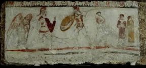 Italia . Raffigurazione di un duello in un affresco proveniente dalla necropoli di Andriuolo (Paestum, Museo).De Agostini Picture Library/A. De Gregorio