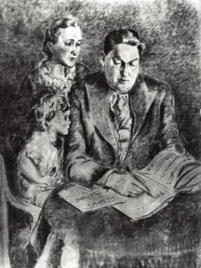 Darius Milhaud. Il compositore francese in un disegno con la moglie e il figlio.De Agostini Picture Library/J. E. Bulloz