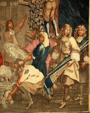 Gobelins. Particolare di un arazzo del sec. XVII raffigurante la visita di Luigi XIV alla manifattura.De Agostini Picture Library / G. Dagli Orti