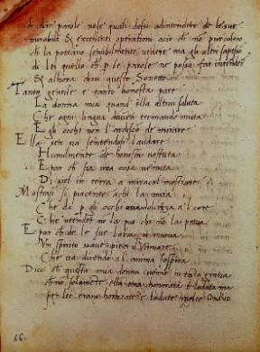Dante Alighieri . Il sonetto Tanto gentile... in un codice cartaceo redatto nel Quattrocento (Milano, Biblioteca Trivulziana).De Agostini Picture Library