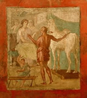Dedalo presenta a Pasifae la vacca di legno (affresco del sec. I; Pompei, Casa dei Vettii).De Agostini Picture Library/A. Dagli Orti