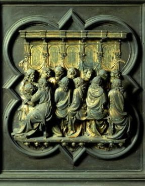 Toscana. L'Ultima cena formella di L. Ghiberti per la porta settentrionale del Battistero di Firenze.De Agostini Picture Library/G. Nimatallah