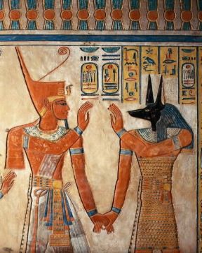 Anubi raffigurato in un dipinto egizio della tomba di Amonherkhopeshaf.De Agostini Picture Library/G. Dagli Orti