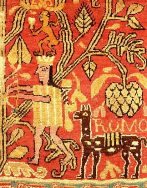 Inca . Tessuto con la raffigurazione di un inca e un lama circondati da flora e fauna indigene (Cusco, Museo di Santa Catalina).De Agostini Picture Library/M. Seemuller