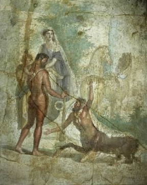 Deianira con Eracle e Nesso in un particolare di pittura murale proveniente da Pompei (Napoli, Museo Archeologico Nazionale). De Agostini Picture Library/G. Nimatallah