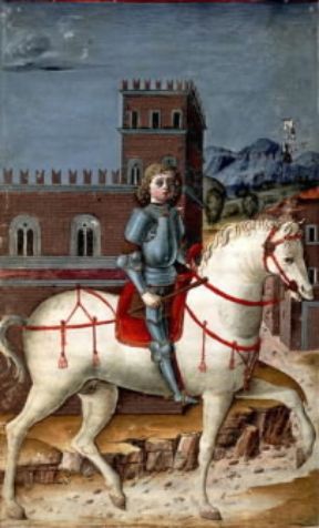 Massimiliano Sforza, duca di Milano, a cavallo in un disegno della Grammatica Latina di Donato (Milano, Biblioteca Trivulziana).De Agostini Picture Library/M. Carrieri