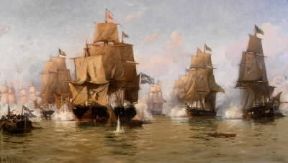 Argentina. La battaglia navale del 30 luglio 1826 contro i Brasiliani in un dipinto di E. de Martino.De Agostini Picture Library/G. Dagli Orti