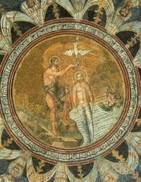 Battesimo di GesÃ¹ nel mosaico del battistero Neoniano a Ravenna (sec. V ).De Agostini Picture Library / A. De Gregorio