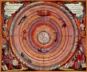 Claudio Tolomeo. Una stampa del sec. XVII raffigurante una visione tolemaica dell'universo.De Agostini Picture Library