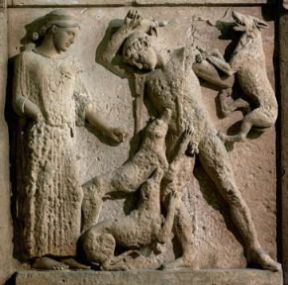 Atteone sbranato dai suoi cani in una metopa dal Tempio di Selinunte (Palermo, Museo Archeologico).De Agostini Picture Library / G. NImatallah
