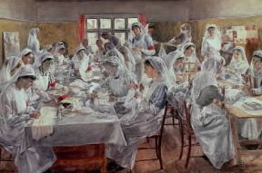 Medicina. Infermiere in un ospedale durante la I guerra mondiale in un dipinto di J. B. Devis (Londra, National War Museum).De Agostini Picture Library/G. Nimatallah